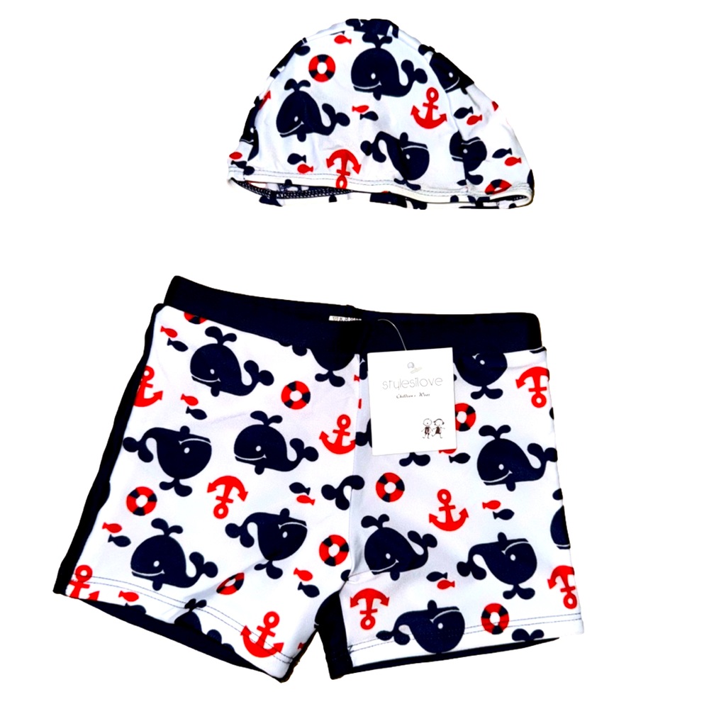 NWT Infant 👶🏼 boy bathing suit w skull cap adorable nautical  🐳   ⚓️ ( M)